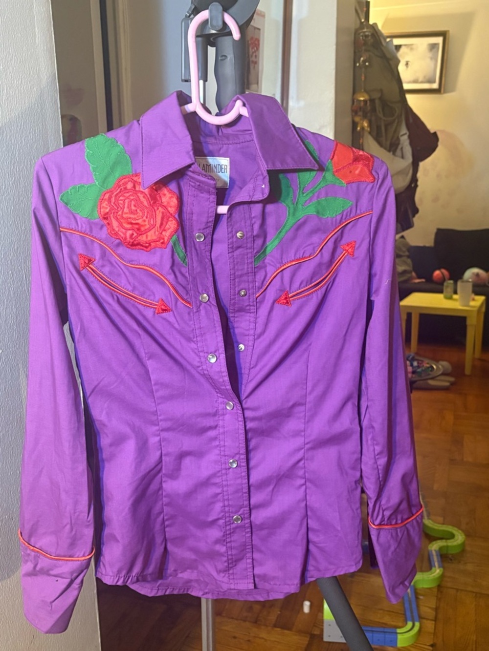 Vintage-Inspired Purple Embroidered Button-Down Shirt